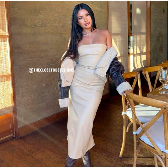 ZARA Blogger Fave Strapless Satin Midi Dress NWT Champagne Beige - Picture 6 of 16